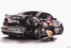 Rule 34 | 1girl, black footwear, black hair, black jacket, bmw, bmw 3 series, bmw e36, car, damaged, grey background, highres, horns, jacket, license plate, looking at viewer, motor vehicle, multicolored hair, nougat (73r1r1), original, pink eyes, pink hair, ponytail, shirt, shoes, signature, simple background, skirt, smile, sneakers, solo, streaked hair, v-shaped eyebrows, vehicle focus, yellow shirt, yellow skirt