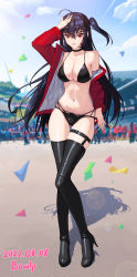 Rule 34 | 1girl, ahoge, azur lane, bikini, black bikini, bowlp, breasts, cleavage, crowd, day, hair between eyes, hand on own head, highres, jacket, large breasts, long hair, looking at viewer, navel, open clothes, open jacket, outdoors, red eyes, red jacket, side ponytail, smile, solo, standing, swimsuit, taihou (azur lane), taihou (enraptured companion) (azur lane), thighhighs, thighs
