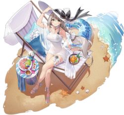 Rule 34 | 1girl, aquila (a sip of sardegnian elegance) (azur lane), aquila (azur lane), arm support, arm up, azur lane, beach, beach chair, blue innertube, blush, bracelet, braid, breasts, collarbone, crossed legs, day, food, frills, from above, fruit, full body, green eyes, grey hair, hat, highleg, highres, holding, ice cream, innertube, jewelry, large breasts, legs, long hair, looking at viewer, looking up, navel, necomi, official art, outdoors, parted lips, pillow, round table, sand, seashell, shadow, shell, shore, single braid, sitting, smile, solo, starfish, stomach, striped, sun hat, swim ring, swimsuit, table, thigh strap, thighs, toeless footwear, toes, transparent background, vertical stripes, very long hair, water, white footwear, white hat