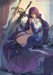 Rule 34 | 1girl, altina (fire emblem), bare shoulders, bed, blue eyes, blue gloves, blue thighhighs, breasts, collared dress, commentary, cutesexyrobutts, dress, elbow gloves, fire emblem, fire emblem: radiant dawn, fire emblem heroes, gloves, highres, huge weapon, long hair, looking at viewer, nintendo, purple hair, sideboob, solo, sword, thick thighs, thighhighs, thighs, very long hair, weapon