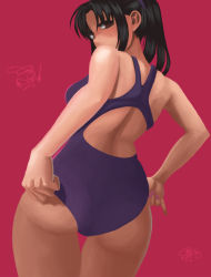 Rule 34 | 1girl, adjusting clothes, adjusting swimsuit, ass, black hair, brown eyes, chigusa nana, competition swimsuit, daniele (callaghan-cs), highres, long hair, nail polish, nana to kaoru, one-piece swimsuit, pinky out, ponytail, red background, solo, swimsuit, thigh gap