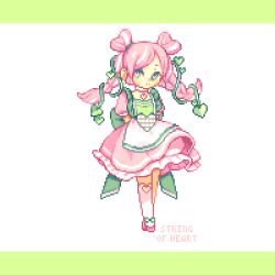 Rule 34 | 1girl, arms behind back, blush, braid, choker, dress, frown, full body, green eyes, heart, heart-shaped eyes, heart pendant, highres, letterboxed, mo.ram, multicolored hair, original, pink dress, pink footwear, pink hair, pixel art, plant, socks, solo, standing, streaked hair, twin braids, twintails, vines, white background, white hair