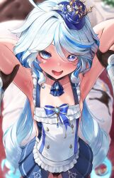 Rule 34 | 1boy, 1girl, absurdres, apron, arm grab, armpits, arms behind head, arms up, ascot, bare shoulders, black panties, blue eyes, blue hair, blue headwear, blue skirt, blush, breasts, brooch, brown gloves, choker, collarbone, cowlick, furina (genshin impact), genshin impact, gloves, hat, highres, jewelry, light blue hair, long hair, looking at viewer, low twintails, lumine (genshin impact), mini hat, multicolored hair, open mouth, padoruu, panties, skirt, small breasts, solo focus, streaked hair, swept bangs, thighs, top hat, twintails, underwear, variant set, white apron, white hair