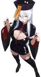 Rule 34 | 1girl, black nails, blunt bangs, breasts, claw pose, cleavage, dress, fingernails, glasses, hat, highres, jiangshi, large breasts, latex, latex dress, long sleeves, looking at viewer, looking up, nail polish, ofuda, open mouth, puffy sleeves, qingdai guanmao, round eyewear, sharp fingernails, short dress, solo, thighhighs, ushiwaka, white background, white hair, yellow eyes