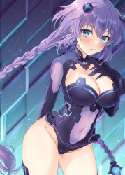 Rule 34 | 1girl, awayuki ramika, blue eyes, blush, braid, breasts, cleavage, clothing cutout, commentary request, cowboy shot, gloves, hair ornament, headgear, highleg, highleg leotard, highres, large breasts, leotard, long hair, looking at viewer, navel, navel cutout, neptune (neptunia), neptune (series), parted lips, power symbol, power symbol-shaped pupils, purple hair, purple heart (neptunia), smile, solo, standing, symbol-shaped pupils, twin braids, very long hair
