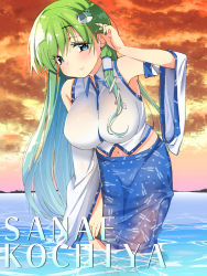 Rule 34 | 1girl, ase (nigesapo), beach, blue eyes, blue skirt, breasts, character name, cloud, collared shirt, detached sleeves, frog hair ornament, green hair, hair between eyes, hair ornament, hair tubes, juliet sleeves, kochiya sanae, large breasts, long hair, long skirt, long sleeves, looking at viewer, nontraditional miko, ocean, outdoors, puffy sleeves, see-through, shirt, skirt, sky, sleeveless, sleeveless shirt, snake hair ornament, solo, sunset, touhou, wet, wet clothes, white shirt, wide sleeves