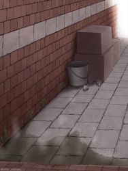 Rule 34 | alley, arisu kazumi, artist name, box, bucket, grass, jpeg artifacts, no humans, outdoors, paper, pee, puddle, scenery, steam, twitter username, used tissue