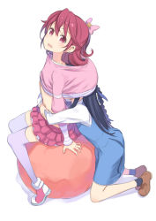 Rule 34 | 2girls, aida mana, blouse, blue hair, bow, closed eyes, dokidoki! precure, flat chest, flipped hair, frilled skirt, frills, from above, hair bow, half updo, head under another&#039;s clothes, head under shirt, hishikawa rikka, hug, hug from behind, kneeling, kuroboshi kouhaku, looking at viewer, looking up, multiple girls, pink bow, pink shirt, precure, red eyes, red hair, shirt, simple background, sitting, sitting on object, skirt, thighhighs, under another&#039;s clothes, white background, yuri