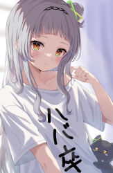 Rule 34 | 1girl, absurdres, black cat, blouse, blunt bangs, blush, brown eyes, cat, closed mouth, clothes writing, grey hair, hair bun, hair ornament, hand up, highres, hololive, light particles, long hair, looking at viewer, mei am0, murasaki shion, playing with own hair, shiokko (murasaki shion), shirt, short sleeves, sidelocks, single bare shoulder, single hair bun, solo, upper body, virtual youtuber, white shirt, yellow eyes