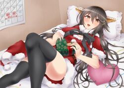 Rule 34 | 1girl, bed, black hair, black ribbon, black thighhighs, blush, box, breasts, calendar (object), capelet, christmas, cleavage, commentary request, confetti, crop top, english text, fur-trimmed capelet, fur-trimmed skirt, fur trim, gift, gift box, hair between eyes, hair ornament, haruna (kancolle), hat, heart, heart-shaped box, heart-shaped pillow, highres, holding, holding gift, jewelry, kantai collection, long hair, looking at viewer, lying, on back, open mouth, otobi, pillow, pink nails, ribbon, ring, santa costume, santa hat, skirt, small breasts, smile, solo, thighhighs, thighs, translation request, yellow eyes