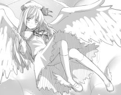 Rule 34 | 1girl, alternate wings, angel wings, blush, greyscale, lily white, long hair, monochrome, piiko (aa doushiyou), shoes, smile, solo, touhou, winged footwear, wings