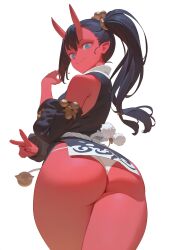 Rule 34 | 1girl, ass, ass focus, back, black hair, black shirt, blue eyes, colored skin, demon, demon girl, detached sleeves, highres, horns, huge ass, japanese clothes, lividy, long hair, looking back, oni, oni horns, original, panties, ponytail, red skin, shirt, side ponytail, simple background, sleeveless, sleeveless shirt, slit pupils, solo, thick thighs, thighs, underwear, v, white background, white panties