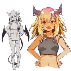 Rule 34 | 1girl, :d, bare arms, bare shoulders, black shirt, blonde hair, blush, boots, collarbone, commentary request, demon girl, demon horns, demon tail, demon wings, ear piercing, fang, hair between eyes, hands on own hips, horn piercing, horns, jacket, knee boots, long hair, looking at viewer, midriff, multiple views, navel, off shoulder, open clothes, open jacket, open mouth, original, piercing, purple eyes, shirt, simple background, skirt, sleeveless, sleeveless shirt, smile, standing, tail, thighhighs, thighhighs under boots, white background, wing piercing, wings, yuuji (yukimimi)