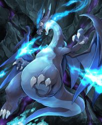 Rule 34 | absurdres, blue fire, breath weapon, breathing fire, bright pupils, cave interior, charizard, claws, commentary, creatures (company), dated, dragon, fangs, fire, flame-tipped tail, game freak, gen 1 pokemon, highres, katkichi, looking down, mega charizard x, mega pokemon, nintendo, no humans, open mouth, pokemon, pokemon (creature), red eyes, signature, solo, tongue, white pupils