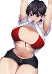 Rule 34 | 1girl, absurdres, arms up, bikini, black hair, blueorca, blush, breasts, breasts apart, clothes in mouth, clothes lift, curvy, gym shorts, highres, komi-san wa komyushou desu, komi shuuko, large breasts, mature female, mole, mole on breast, mouth hold, narrow waist, navel, purple eyes, red bikini, shiny clothes, shiny skin, shirt in mouth, shirt lift, short hair, shorts, solo, swimsuit, thick thighs, thighs, white background, wide hips