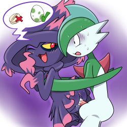 Rule 34 | 1boy, 1girl, aftersex, anus, artist request, blush, colored sclera, creatures (company), cum, cum in pussy, egg, furry, gallade, game freak, gen 4 pokemon, impregnation, mismagius, nintendo, one eye closed, penis, pill, pokemon, pokemon (creature), red eyes, sweatdrop, uncensored, vaginal, wink, yellow sclera