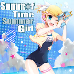 Rule 34 | 1girl, absurdres, bad id, bad pixiv id, blush, bow, hair bow, highres, kagamine rin, one-piece swimsuit, one eye closed, school swimsuit, solo, swimsuit, temari (deae), vocaloid, water gun, wink