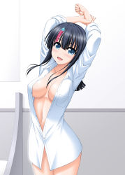 Rule 34 | 1girl, arms up, black hair, blue eyes, blush, breasts, center opening, collarbone, collared shirt, dress shirt, fate/grand order, fate/requiem, fate (series), highres, kiryuu makoto, large breasts, long sleeves, looking at viewer, magatama, magatama hair ornament, medium hair, multicolored hair, naked shirt, open mouth, pink hair, shirt, smile, streaked hair, stretching, thighs, utsumi erice, white shirt