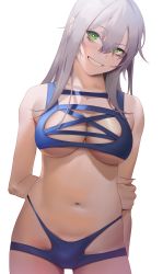 Rule 34 | 1girl, absurdres, arms behind back, bikini, blue bikini, breasts, bright pupils, cleavage, green eyes, grey hair, hair between eyes, highres, large breasts, long hair, looking at viewer, navel, original, parted lips, pokoporoko, shadow, simple background, smile, solo, swimsuit, white background, white pupils