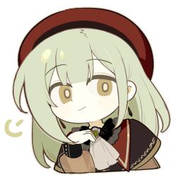 1girl ascot bang_dream! bang_dream!_it&#039;s_mygo!!!!! beret black_capelet bright_pupils capelet chibi closed_mouth commission cropped_torso earrings green_brooch green_hair hand_up hat huasha jewelry long_hair long_sleeves looking_at_viewer mortis_(bang_dream!) outline puff_of_air red_hat second-party_source see-through_clothes see-through_sleeves sidelocks simple_background smile solo transparent_background upper_body wakaba_mutsumi white_ascot white_outline white_pupils yellow_eyes