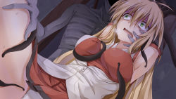 Rule 34 | 1boy, 1girl, antenna hair, arms behind back, blonde hair, breasts, crying, crying with eyes open, flask (pandora), green eyes, hand on another&#039;s face, highres, large breasts, long hair, open mouth, panties, scared, shirt, skirt, sleeveless, slender man, sweat, tears, teeth, tentacles, tsurumaki maki, underwear, voiceroid, white panties, zipper