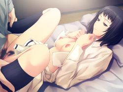 Rule 34 | 1girl, black hair, breasts, clothed sex, innocent grey, large breasts, missionary, mizuhara touko, nipples, open clothes, open shirt, pubic hair, sex, shirt, short hair, socks, spread legs, sugina miki, uncensored, vaginal