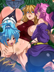 Rule 34 | 3girls, :d, alfimi, anus, ass, banpresto, blonde hair, blue eyes, blue hair, blush, breasts, censored, doggystyle, covered erect nipples, excellen browning, group sex, highres, impossible clothes, kyousuke nanbu, large breasts, lemon browning, lipstick, long hair, makeup, monster sex, mosaic censoring, multiple boys, multiple girls, multiple persona, navel, open clothes, open mouth, orgy, penis, pink hair, pubic hair, purple eyes, pussy, raburebo, red eyes, sex, sex from behind, short hair, smile, super robot wars, super robot wars original generation, sweat, vaginal
