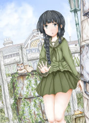 Rule 34 | 1girl, :o, arm at side, arm up, barrel, black hair, blue sky, blunt bangs, braid, braided ponytail, building, cat, chimney, cloud, contrapposto, crate, cropped legs, day, dutch angle, expressionless, fence, green neckerchief, green sailor collar, green serafuku, green skirt, grey eyes, kantai collection, kitakami (kancolle), lamppost, long hair, long sleeves, looking at viewer, neckerchief, open hand, outdoors, plant, pleated skirt, sailor collar, school uniform, serafuku, sidelocks, skirt, sky, sleeve cuffs, slug, solo, stone wall, vines, wall, wooden fence, ys (ytoskyoku-57)