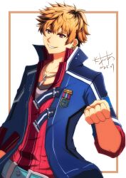 Rule 34 | 1boy, akane kazami, ash carbide, blonde hair, clenched hand, dated, double-parted bangs, earrings, eiyuu densetsu, framed, highres, jacket, jewelry, male focus, necklace, open clothes, open jacket, open mouth, purple eyes, school uniform, sen no kiseki, sen no kiseki iii, short hair, sidelocks, signature, simple background, smile, solo, thors military academy branch campus uniform, uniform, white background