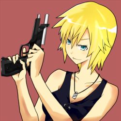 Rule 34 | 1girl, aya brea, bare shoulders, blonde hair, female focus, green eyes, gun, haru (3031), jewelry, necklace, parasite eve, parasite eve the 3rd birthday, short hair, simple background, solo, weapon