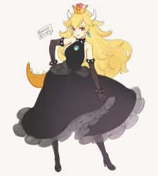 Rule 34 | 1girl, bare shoulders, black dress, black footwear, black pantyhose, blonde hair, bowsette, bracelet, breasts, brown gloves, character name, collar, contrapposto, crown, dress, earrings, elbow gloves, full body, gloves, grey background, high heels, highres, horns, jewelry, large breasts, lizard tail, long dress, mario (series), new super mario bros. u deluxe, nintendo, ooyari ashito, pantyhose, red eyes, sideboob, simple background, smile, solo, spiked bracelet, spiked collar, spikes, standing, super crown, tail, thick eyebrows