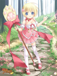 Rule 34 | 1girl, ahoge, animal hands, bell, blonde hair, blue eyes, day, detached sleeves, hair ornament, hairclip, jingle bell, kimishima ao, mugen no fantasia, outdoors, puffy detached sleeves, puffy short sleeves, puffy sleeves, red footwear, ribbon, shoes, short hair, short sleeves, solo, staff, thighhighs, tree, white thighhighs, zettai ryouiki
