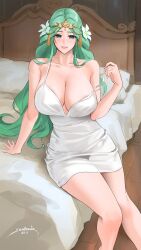 Rule 34 | 1girl, 2023, areola slip, artist name, bare shoulders, bed, blush, breasts, camisole, circlet, cleavage, collarbone, dated, female focus, fire emblem, fire emblem: three houses, flower, green eyes, green hair, hair flower, hair ornament, highres, large breasts, long hair, looking at viewer, matching hair/eyes, nintendo, on bed, parted bangs, rhea (fire emblem), sendo (sendrawz), sitting, smile, solo, thighs, white camisole