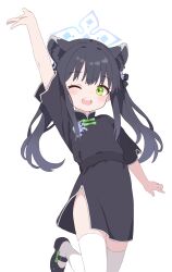 Rule 34 | 1girl, ;d, absurdres, animal ear fluff, animal ears, arm up, black dress, black hair, blue archive, blunt bangs, china dress, chinese clothes, commentary request, dress, extra ears, green eyes, halo, highres, long hair, looking at viewer, one eye closed, open mouth, short sleeves, shun (blue archive), shun (small) (blue archive), side slit, sidelocks, simple background, smile, solo, standing, standing on one leg, thighhighs, tiger ears, tiger girl, twintails, white background, white thighhighs, yukisiannn