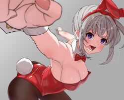 Rule 34 | animal ears, armpits, black pantyhose, bow, bowtie, breasts, cleavage, cowboy shot, detached collar, foreshortening, grey background, grey hair, highres, leotard, medium breasts, original, pantyhose, playboy bunny, purple eyes, rabbit ears, rabbit tail, red bow, red bowtie, red leotard, shimizu keitaro, side ponytail, simple background, strapless, strapless leotard, tail, wrist cuffs