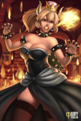 Rule 34 | 1girl, artist name, bare shoulders, black dress, black nails, blonde hair, blue gemstone, blurry, blurry background, bowsette, bracelet, breasts, breath weapon, breathing fire, brooch, castle, claw pose, cleavage, collar, collarbone, commentary, dress, earrings, english commentary, fingernails, fire, gem, hair between eyes, horns, indoors, iury padilha, jewelry, lace, lace-trimmed legwear, lace trim, large breasts, long hair, mario (series), nail polish, new super mario bros. u deluxe, nintendo, open mouth, pointy ears, ponytail, see-through, see-through legwear, sharp fingernails, sharp teeth, shiny clothes, shiny skin, short hair, side slit, sidelocks, skindentation, solo, spiked bracelet, spiked collar, spiked shell, spikes, strapless, strapless dress, super crown, teeth, thighhighs, thighs, waist cape