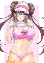 Rule 34 | 1girl, bikini, blue eyes, blush, border, breasts, brown hair, cleavage, clothes lift, clothes pull, commentary request, creatures (company), double bun, game freak, hair between eyes, hair bun, highres, large breasts, long hair, looking at viewer, navel, nintendo, open mouth, pink background, pink bikini, pokemon, pokemon bw2, raglan sleeves, rosa (pokemon), sankakusui, shirt lift, short shorts, shorts, shorts pull, simple background, solo, swimsuit, twintails, visor cap, white border, yellow shorts