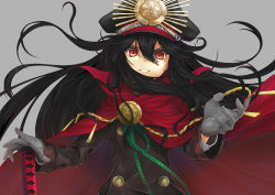 Rule 34 | 1girl, absurdres, bad id, bad pixiv id, black hair, black hat, cape, fate/grand order, fate (series), floating hair, gloves, grey background, grey gloves, hair between eyes, hajika, hat, highres, katana, long hair, looking at viewer, military hat, oda nobunaga (fate), oda nobunaga (koha-ace), red cape, red eyes, simple background, smile, solo, standing, sword, upper body, very long hair, weapon
