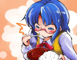 Rule 34 | 00s, 1girl, @ @, ^^^, blue eyes, blue hair, bow, carrying, ciel (tsukihime), curry, curry rice, eating, food, glasses, holding, matching hair/eyes, plate, rice, rimless eyewear, school uniform, shinapuu, short hair, simple background, solo, spoon, sweat, tsukihime, two-tone background