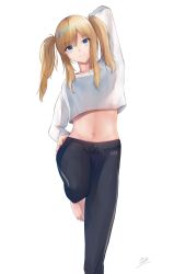 Rule 34 | 1girl, arm behind head, arm up, aruhi (pyxk7325), barefoot, black pants, blonde hair, blue eyes, breasts, crop top, drawstring, hand on own hip, head tilt, highres, looking at viewer, midriff, navel, original, pants, shirt, sidelocks, signature, simple background, smile, solo, standing, standing on one leg, stretching, track pants, twintails, white shirt