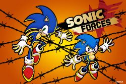 Rule 34 | 2boys, absurdres, barbed wire, copyright name, dual persona, full body, furry, furry male, gloves, green eyes, highres, looking at viewer, male focus, multiple boys, official art, ooshima naoto, orange background, smirk, sonic (series), sonic forces, sonic the hedgehog, sonic the hedgehog (classic), star (symbol), white gloves