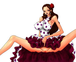 Rule 34 | 1girl, anonymousdrawer, black hair, breasts, cleavage, dress, highres, large breasts, long hair, looking at viewer, nude, one piece, polka dot, polka dot dress, pussy, smile, solo, spread legs, uncensored, viola (one piece)