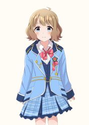Rule 34 | ahoge, blue eyes, blue jacket, blue skirt, blue vest, blush, bow, bowtie, buttons, checkered clothes, checkered skirt, child, closed mouth, commentary request, dot nose, emblem, expressionless, eyebrows, eyelashes, flat chest, frilled skirt, frills, highres, idolmaster, idolmaster million live!, idolmaster million live! theater days, jacket, light brown hair, long sleeves, looking at viewer, oversized clothes, red bow, red bowtie, shirt, short hair, skirt, sleeves past wrists, solo focus, star (symbol), suou momoko, vest, wavy hair, white background, white shirt, wing collar, yukiho kotori