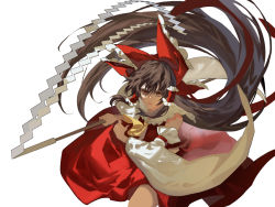 Rule 34 | 1girl, ascot, bare shoulders, bow, brown hair, chinese commentary, commentary request, cowboy shot, detached sleeves, frilled bow, frilled hair tubes, frilled shirt collar, frills, gohei, hair bow, hair tubes, hakurei reimu, holding, holding gohei, kaoru (alicemakoto), long hair, looking at viewer, red bow, red eyes, red skirt, red vest, skirt, touhou, very long hair, vest, white background, wide sleeves, yellow ascot