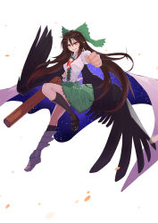Rule 34 | 1girl, absurdres, arm cannon, asymmetrical footwear, bird wings, black footwear, black socks, black wings, blush, bow, breasts, brown hair, cape, center frills, clenched hand, collared shirt, commentary request, control rod, fang, frilled shirt, frilled skirt, frills, full body, green bow, green skirt, hair between eyes, hair bow, highres, kakaricho dairi, kneehighs, long hair, looking at viewer, mary janes, medium breasts, mismatched footwear, open mouth, orange eyes, puffy short sleeves, puffy sleeves, reiuji utsuho, shirt, shoes, short sleeves, simple background, single shoe, skirt, smile, socks, solo, starry sky print, third eye, touhou, weapon, white background, white cape, white shirt, wings