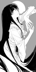 Rule 34 | 1girl, absurdres, bow, chinese commentary, closed mouth, collared shirt, commentary request, cowboy shot, eyelashes, fingernails, frilled shirt collar, frills, greyscale, hands up, highres, hime cut, houraisan kaguya, long hair, long sleeves, looking at viewer, monochrome, shirt, shirt bow, skirt, solo, touhou, very long hair, weibo logo, weibo watermark, wide sleeves, yuanjin wenming
