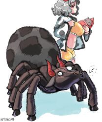 Rule 34 | 1girl, absurdres, animal print, black hair, breasts, bug, commentary, cow print, dated, english commentary, haori, highres, horns, japanese clothes, large breasts, multicolored hair, multiple views, navel, profitshame, red horns, short hair, shorts, signature, simple background, spider, split-color hair, tank top, touhou, ushizaki urumi, ushizaki urumi (ushi oni), white background, yellow shorts, yellow tank top