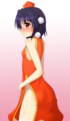 Rule 34 | 1girl, ass, black hair, blush, breasts, china dress, chinese clothes, clothing cutout, dress, embarrassed, hat, looking at viewer, no panties, nose blush, pom pom (clothes), red eyes, shameimaru aya, short hair, side cutout, sideboob, small breasts, solo, teoi (good chaos), tokin hat, touhou