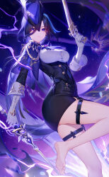 1girl absolution_(genshin_impact) artist_name ascot ass barefoot black_hair black_skirt breasts cape clorinde_(genshin_impact) commentary_request corset earrings foot_out_of_frame genshin_impact gloves gun hand_up handgun hat highres holding holding_gun holding_sword holding_weapon jewelry lightria medium_breasts miniskirt no_shoes pantyhose pencil_skirt purple_ascot purple_cape purple_eyes rapier shirt skirt solo sword thigh_strap thighs tricorne weapon white_gloves white_shirt