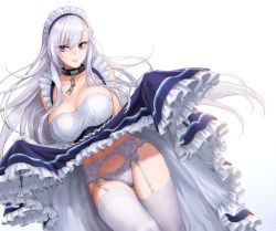 Rule 34 | 1girl, azur lane, bare shoulders, belfast (azur lane), blue eyes, braid, breasts, chain, cleavage, closed mouth, clothes lift, collar, collarbone, commentary, dress, dress lift, floating hair, french braid, frills, garter belt, large breasts, lifting own clothes, long hair, looking at viewer, maid, maid headdress, navel, panties, panties over garter belt, shoukaki (earthean), side braid, smile, solo, thighhighs, underwear, very long hair, white hair, white panties, white thighhighs